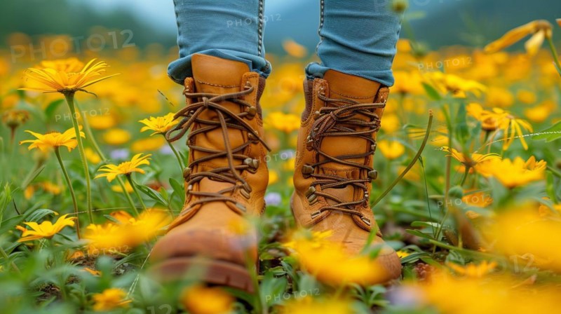 Close-up of hiking boots amidst vibrant yellow flowers, denoting an outdoor adventure, AI generated