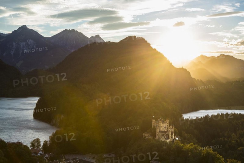 Hohenschwangau Castle, foehn storm, sunset, near Fuessen, Ostallgaeu, Allgaeu, Bavaria, Germany, Europe