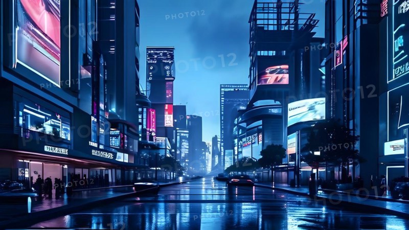 Cityscape at dusk with smart lighting systems adorn towering facades with digital billboards, AI generated