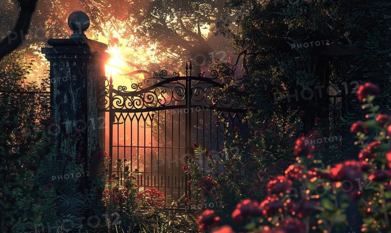 Sunlight filters through a mysterious iron gate into a calm woodland area AI generated
