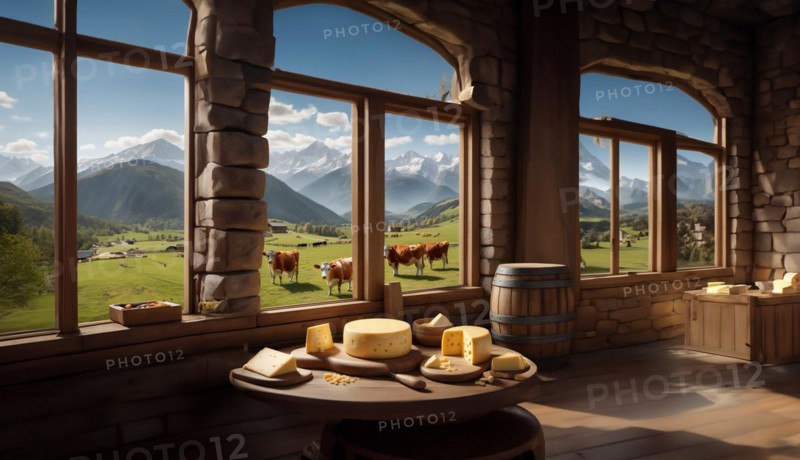 Cheese production on a farm in the alps mountains, cows graze in the mountains, AI generated