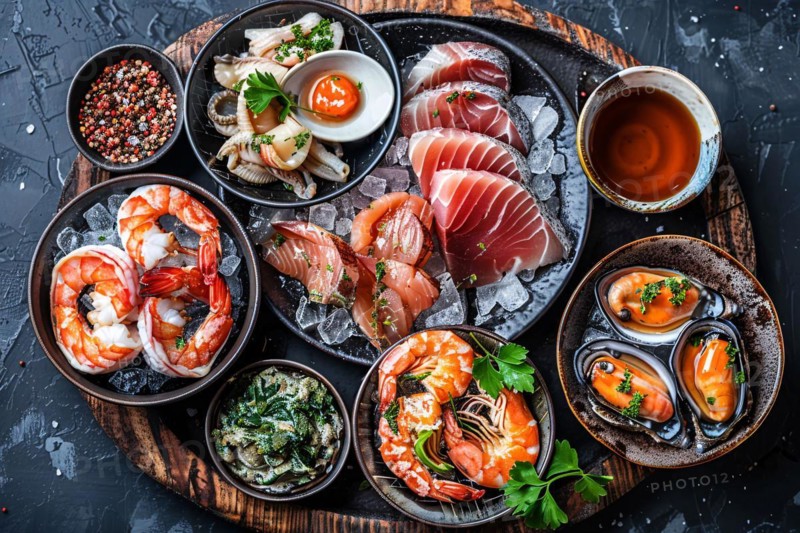 An extravagant seafood platter with a variety of sashimi, prawns, and mussels on ice, AI generated