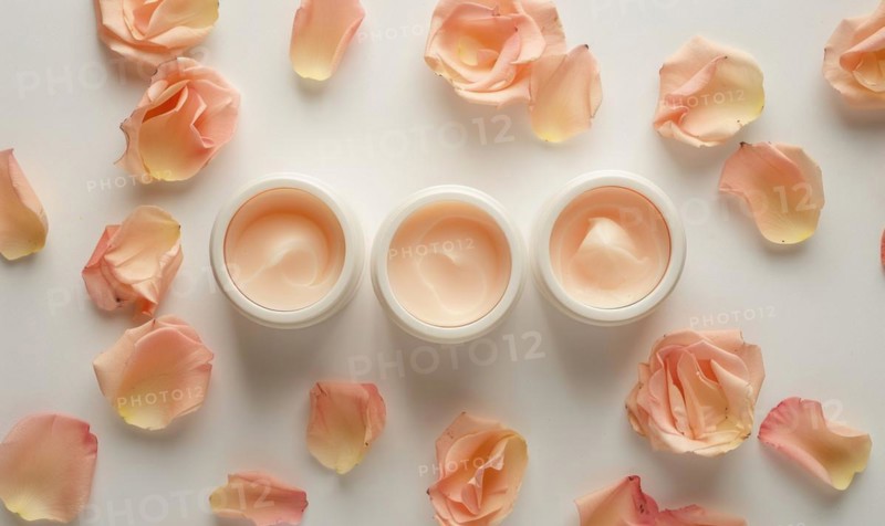 Three creme jar blank mockups nestled amidst delicate flower petals on a white background AI generated