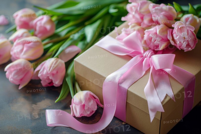 Gift Box with Pink Ribbon Beside bouquet of Fresh Tulips. Background for Valentine day, March 8, mother day, spring holidays, birthday, AI generated
