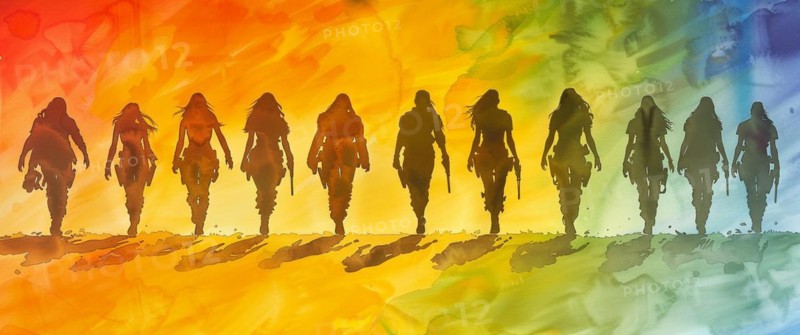 Silhouettes of women walking together in an abstract watercolor gradient of rainbow colors, banner 3:1 wide style, horizontal aspect ratio, AI generated