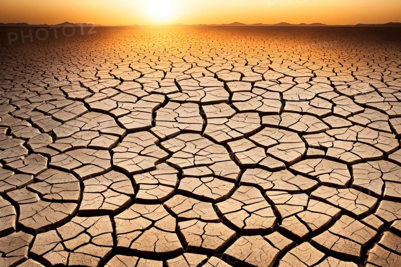 Heatwave stricken terrain displaying cracked desolated soil scorched under a blazing sun, AI generated