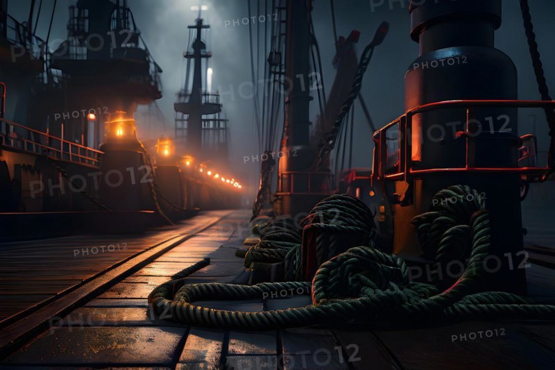 Ropes and bollards securing a ship at the dock at night, AI generated