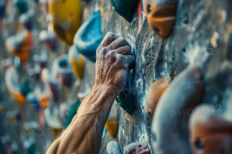 Close up of hand with chalk grabbing grip on artificial rock wall. KI generiert, generiert, AI generated