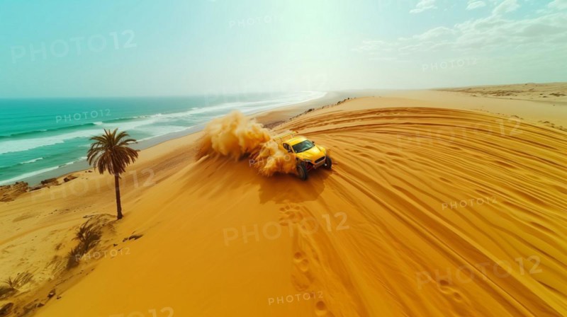 Yellow car speeding through sandy desert dunes, action sports photography, AI generated