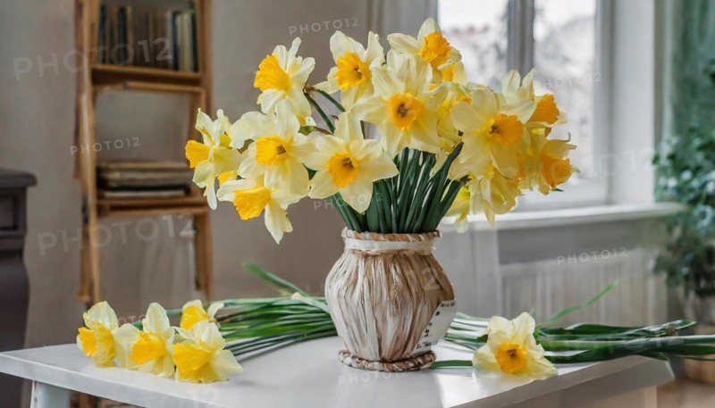 A large bouquet of yellow daffodils in a vase stands on the table in the flat, AI generated, AI generated