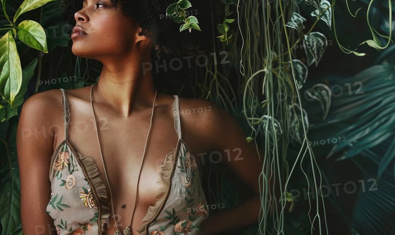 An intimate portrait of a woman in lingerie surrounded by lush greenery and earthy tones AI generated