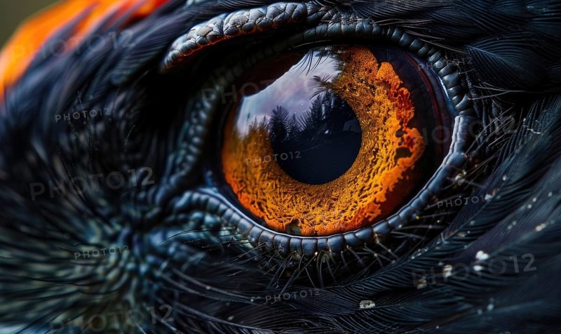 A close-up image of a bird with a striking orange eye and black feathers AI generated