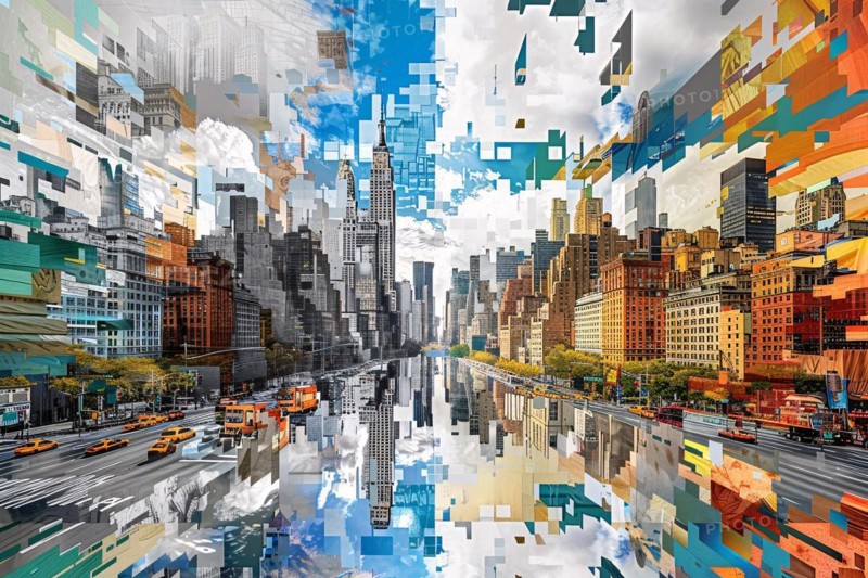An abstract fragmented representation of New York City's urban landscape, illustration, AI generated