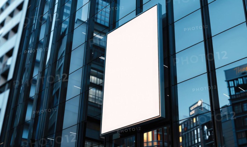 Blank screen banner mockup displayed on the modern building facade. Close Up view AI generated
