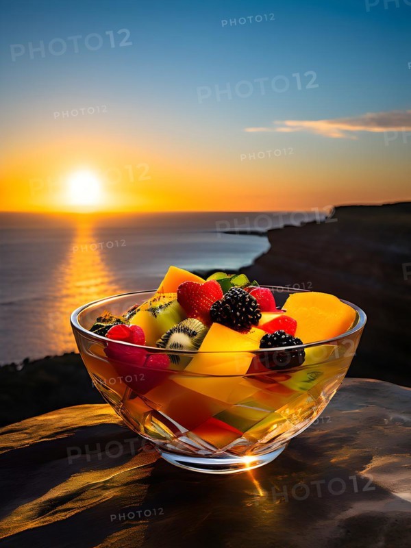 Glass bowl brimming with colorful fruit salad perched on a cliffs edge vast ocean, AI generated