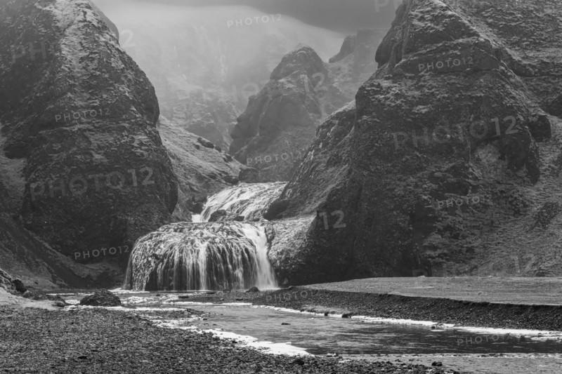Stjornarfoss waterfall, near Kirkjubaejarklaustur, black and white photo, Sudurland, Iceland, Europe