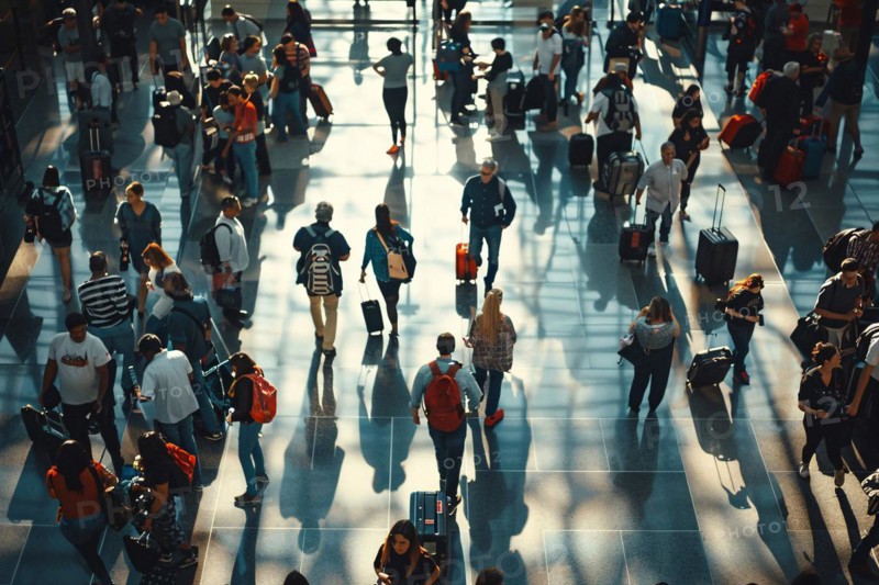 Busy airport terminal with diverse travelers and an air of hustle and movement, AI generated