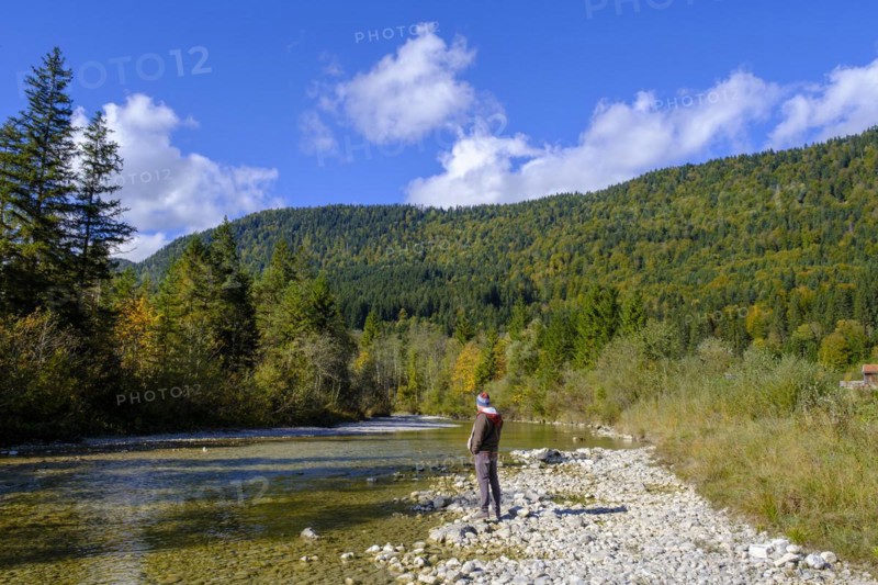 Hiker at the Jachen, Jachenau, Toelzer Land, Upper Bavaria, Bavaria, Germany, Europe