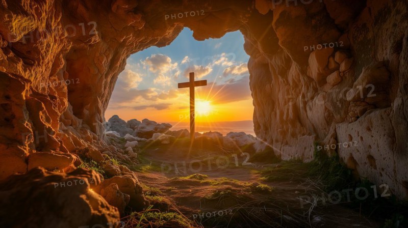 Easter concept cross on Golgotha Calvary hill against a dramatic sunset seen from open tomb of Jesus, AI generated