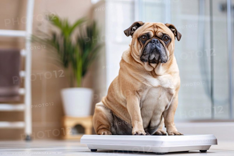 Obese pug dog sitting on bathroom scales. KI generiert, generiert, AI generated