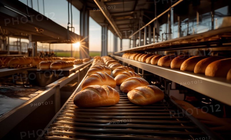 Bread production on a conveyor belt, revenue from organic bread at the factory, AI generated