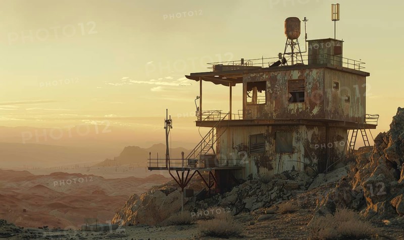 A weathered and abandoned desert outpost bathed in the light of a sunset AI generated