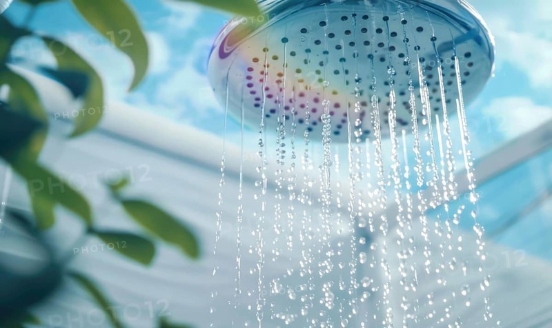 Water streaming down from a shower head with a soft-focus background AI generated