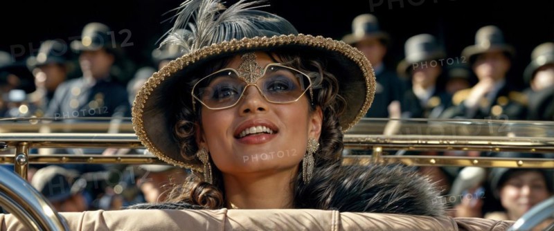 Smiling woman in vintage clothing and feathered hat enjoying a parade, exuding elegance, AI generated
