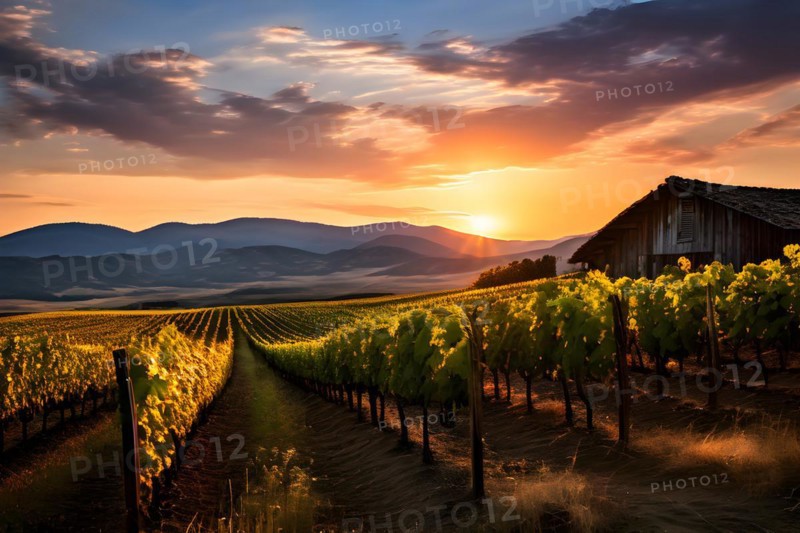 Vineyard at peak season grapevines in orderly rows, AI generated