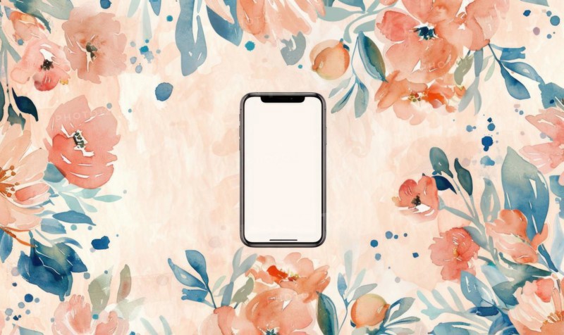 Smartphone with blank screen mockup on delicate watercolor floral seamless background AI generated