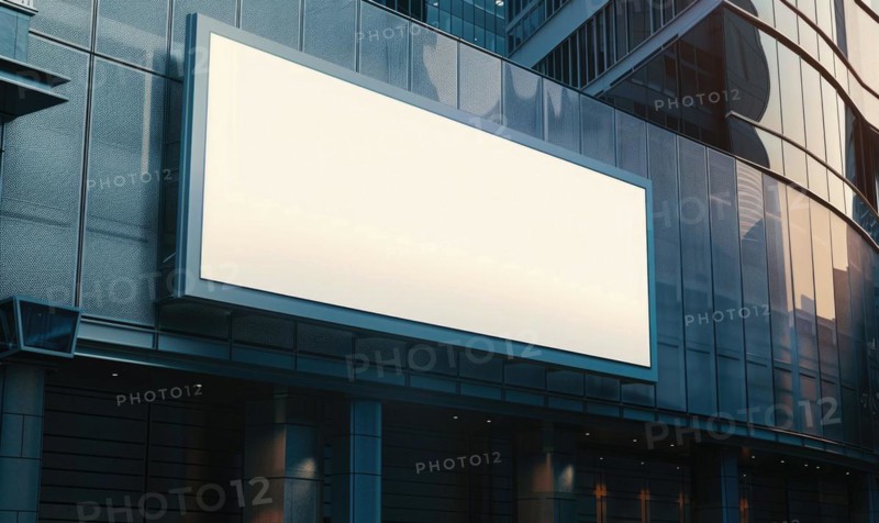 Blank screen banner mockup displayed on the modern building facade. Close Up view AI generated
