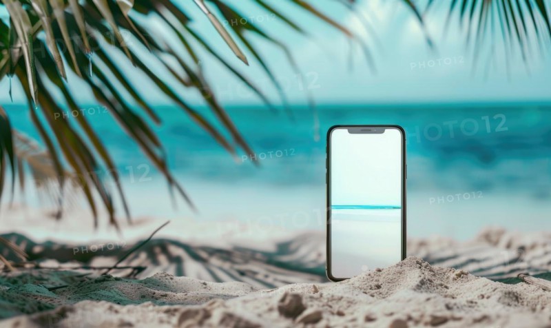 Smartphone mockup with a blank screen on a tranquil beach background, travel and tourism AI generated