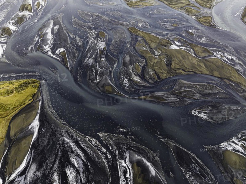 Overgrown river landscape, Eldhraun, near Kirkjubaejarklaustur, drone image, Sudurland, Iceland, Europe