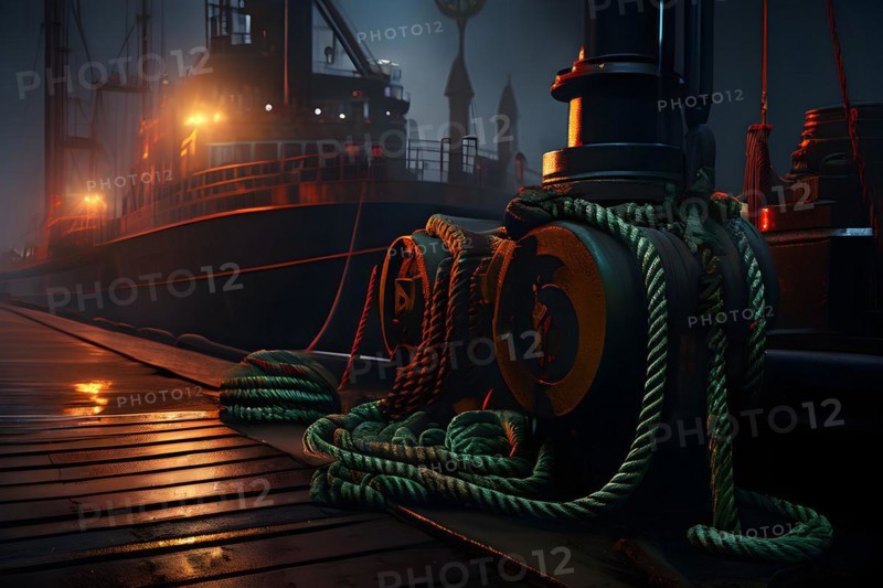 Ropes and bollards securing a ship at the dock at night, AI generated