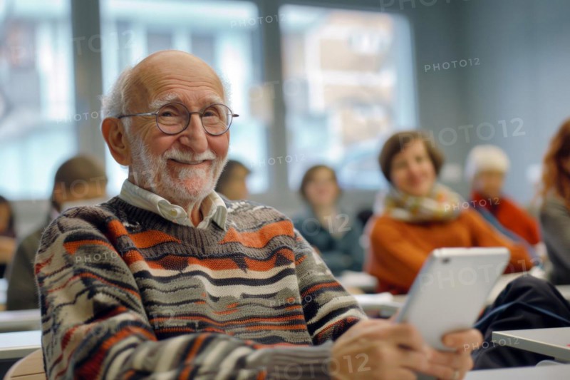 A man of advanced age, senior citizen, sitting with a digital tablet in a course room, training room, symbol image, digital teaching, learning environment, adult education centre, course, training course, learning in old age, media skills in old age, eLearning, media education, AI generated, AI generated, AI generated