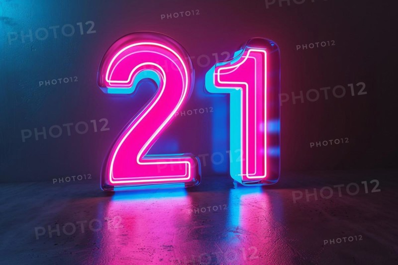 Neon pink and blue glowing number 21. KI generiert, generiert, AI generated