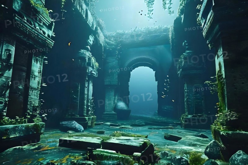 Deep sea submersible bathed in artificial light navigates through murky waters, AI generated, deep sea, fish, squid, bioluminescent, glowing, light, water, ocean