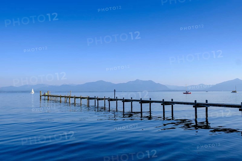 Lake Chiemsee with mountains from Hotel Malerwinkel, Chiemgau, Upper Bavaria, Bavaria, Germany, Europe