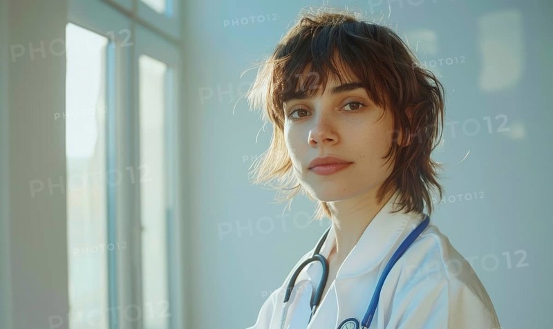 A woman in a medical coat with a stethoscope poses confidently AI generated