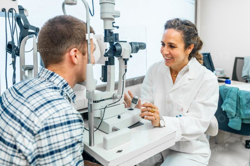 Female optometrist talking with a patient while checking his eyesight in a clinic
