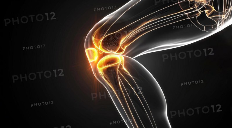 3D render of knee joint in motion with a striking yellow glow against a dark background, ai generated, AI generated