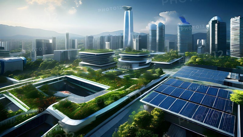Conceptual futuristic sustainable city replete with green rooftops and integrated solar panels, AI generated