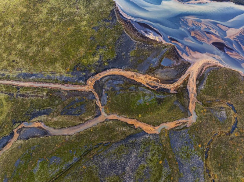 Overgrown mineralised river landscape, drone image, Landeyjasandur, Sudurland, Iceland, Europe