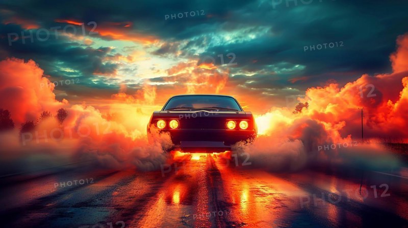Classic muscle car burnong rubber, drifting and driving towards the viewer with dramatic fiery sky, low angle view, ultra wide lens, AI generated