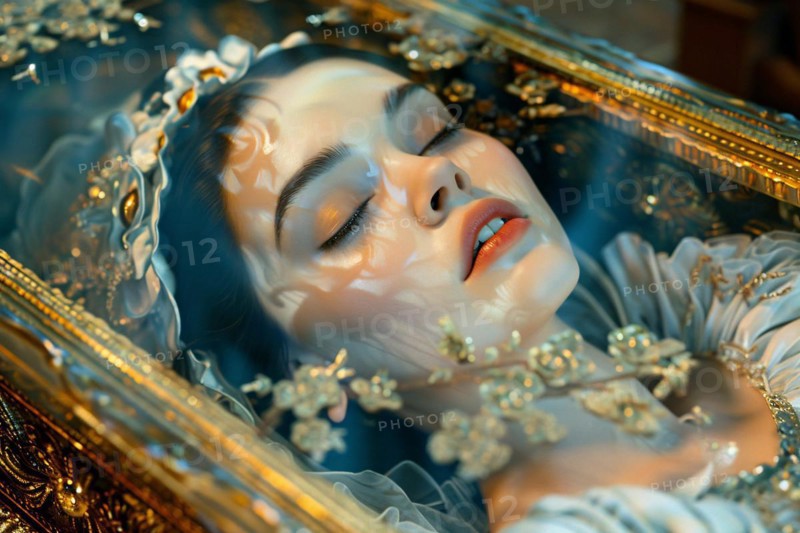 Close up of beautiful Snow White woman sleeping in glass coffin. KI generiert, generiert, AI generated