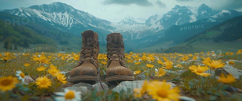 Pair of worn boots among yellow flowers with snow-capped mountains in distance, AI generated