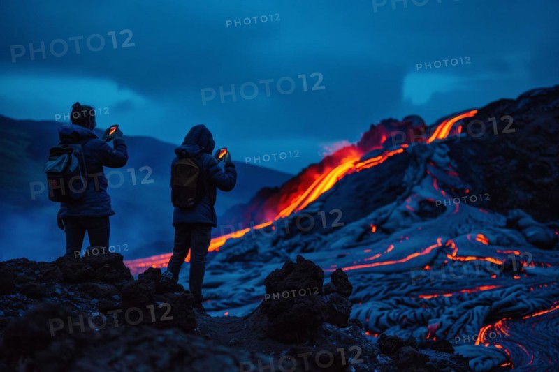 Tourists, onlookers photograph a spectacular volcanic landscape with liquid, partially cooled lava flows with their smartphones, symbolic image for volcano tourism, disaster tourism, travel trends and the associated dangers, AI generated, AI generated, AI generated