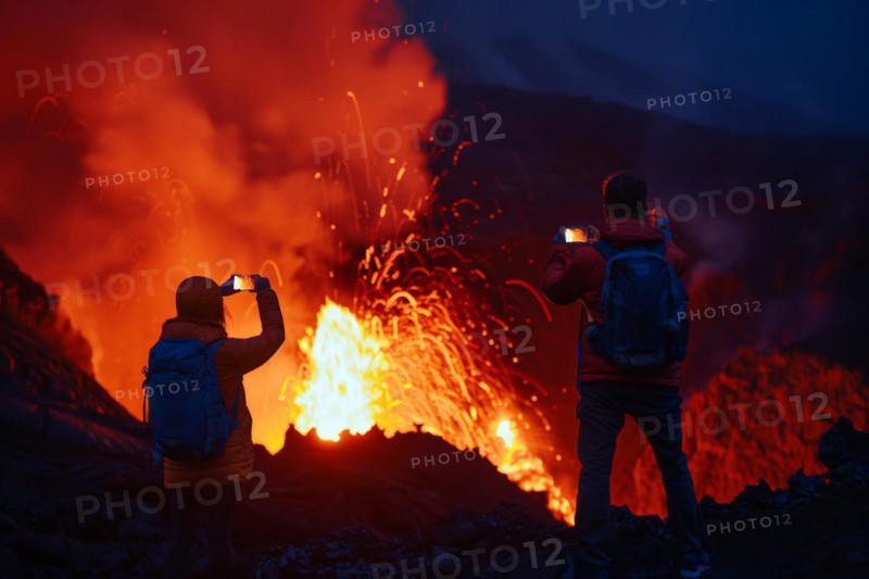 Tourists, onlookers photograph a spectacular volcanic landscape with liquid, partially cooled lava flows with their smartphones, symbolic image for volcano tourism, disaster tourism, travel trends and the associated dangers, AI generated, AI generated, AI generated