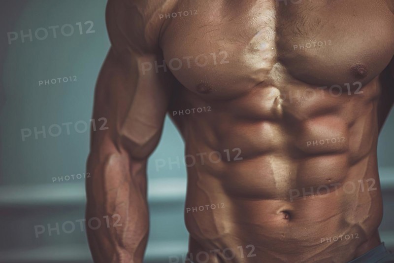 Close up of stomach abs on muscular well trained man. KI generiert, generiert, AI generated
