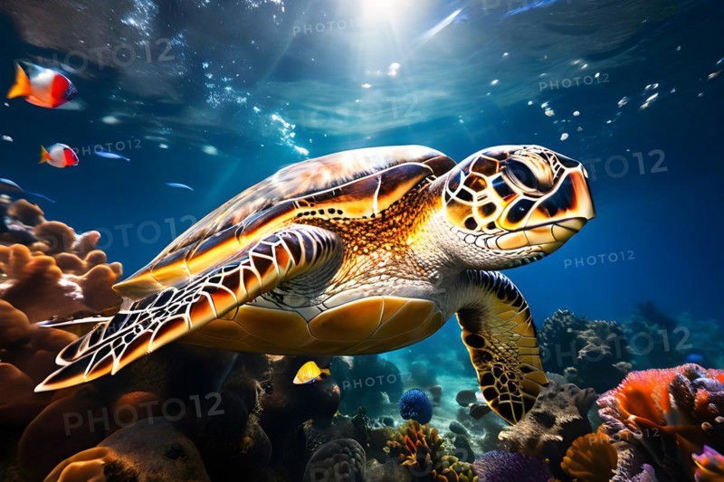 Sea turtle swimming in vibrant reef, AI generated, deep sea, fish, squid, bioluminescent, glowing, light, water, ocean